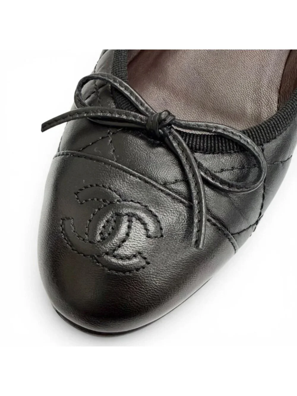 Chanel CC Logo Ribbon Quilted Leather Flat Pumps Black 35 Italian